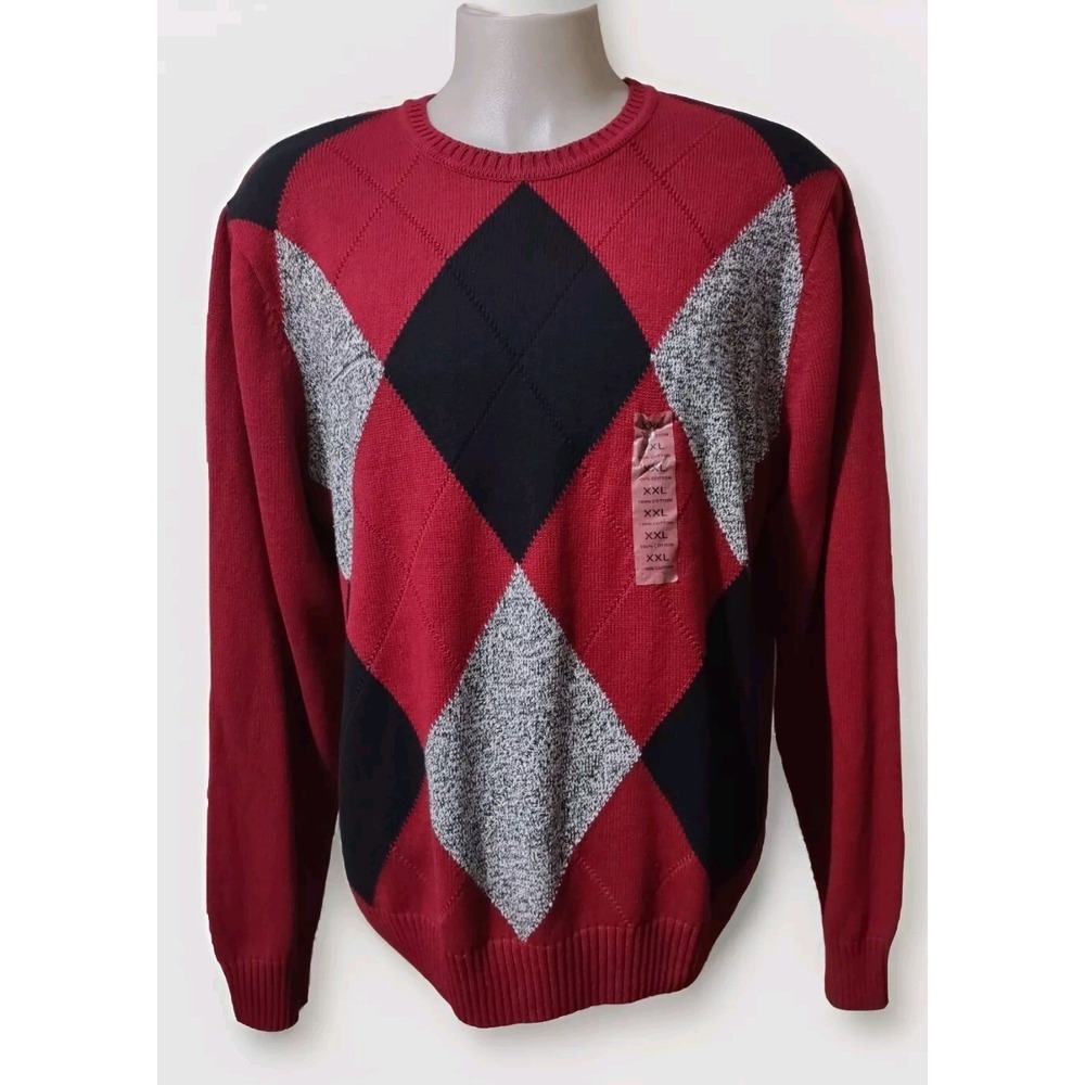 Geoffrey Beene Sweater Mens XXL Red Argyle Pullover‎ New Preppy Cabin Core Retro